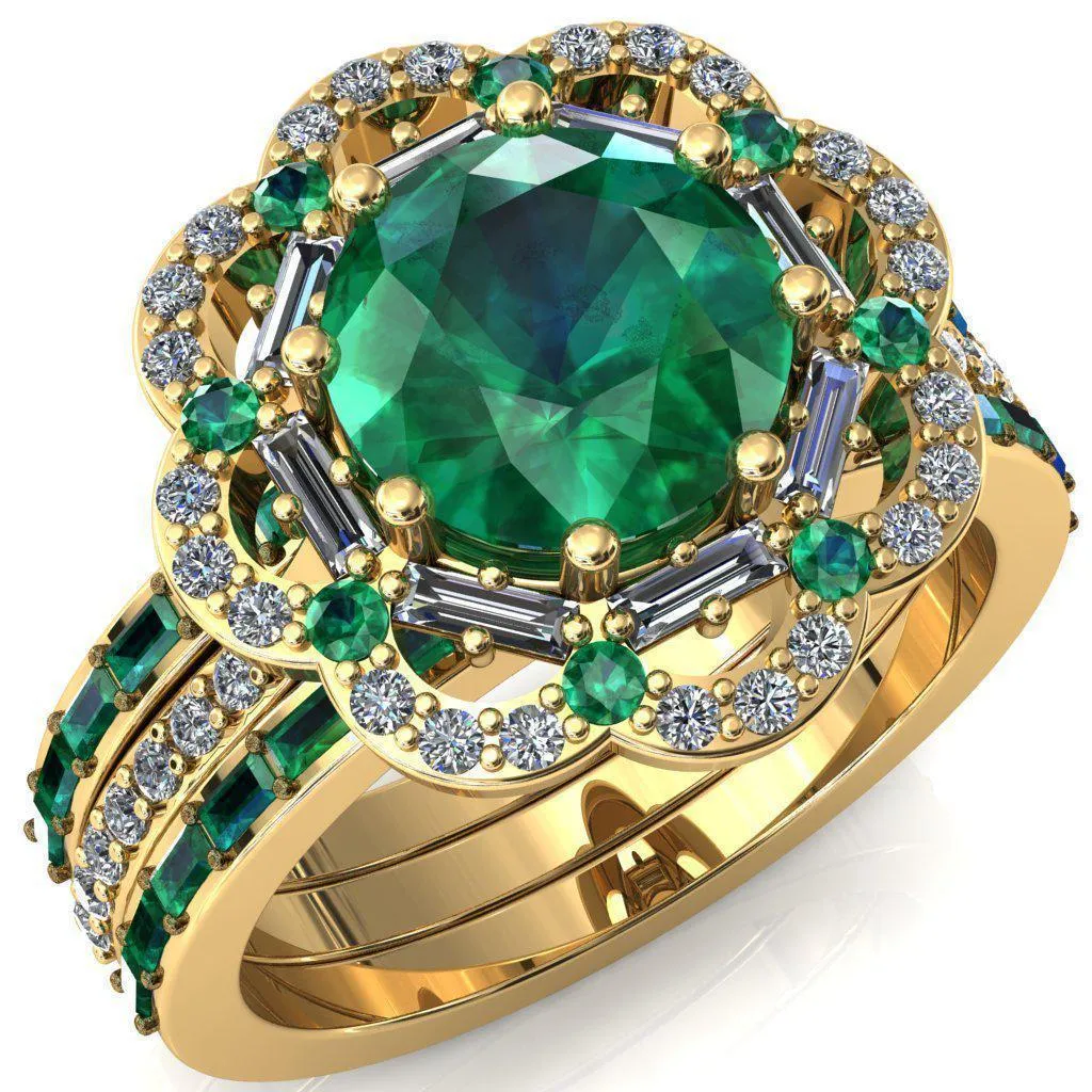 Camelia Round Emerald Accent Diamond and Emerald Halo Ring