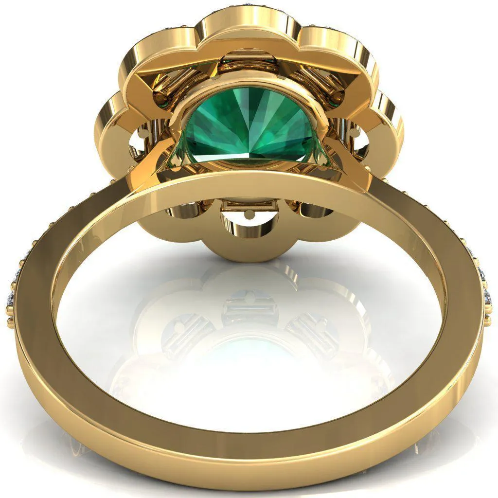 Camelia Round Emerald Accent Diamond and Emerald Halo Ring