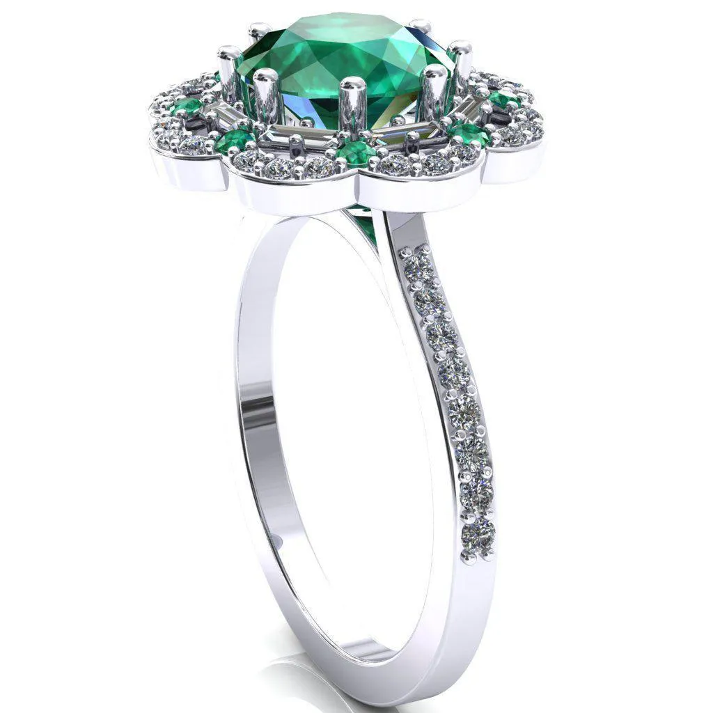 Camelia Round Emerald Accent Diamond and Emerald Halo Ring
