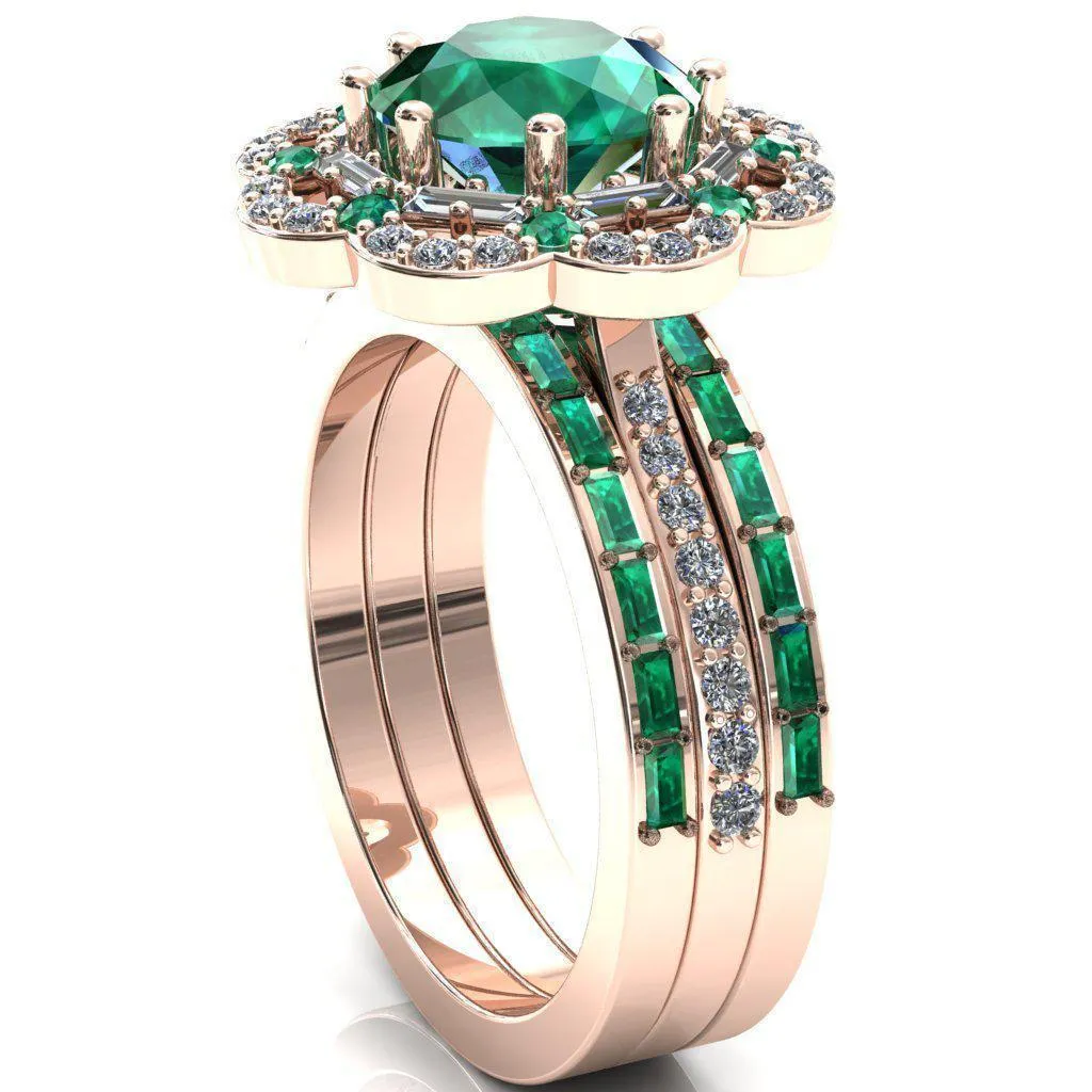 Camelia Round Emerald Accent Diamond and Emerald Halo Ring