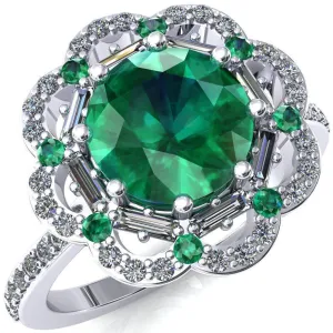 Camelia Round Emerald Accent Diamond and Emerald Halo Ring