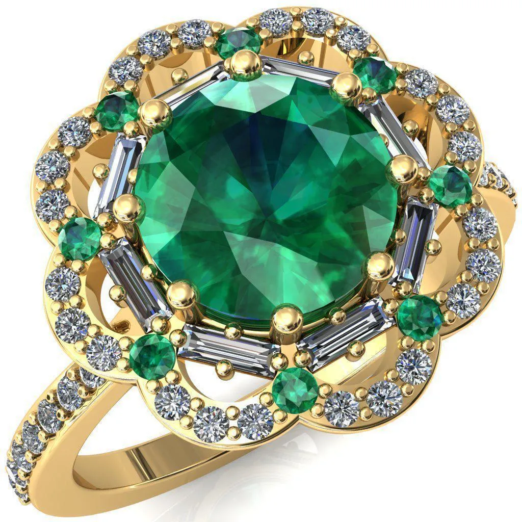Camelia Round Emerald Accent Diamond and Emerald Halo Ring