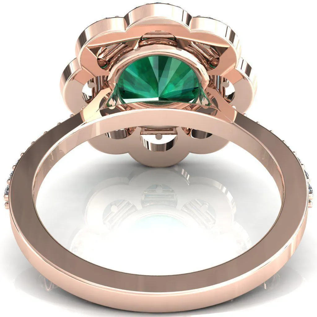 Camelia Round Emerald Accent Diamond and Emerald Halo Ring