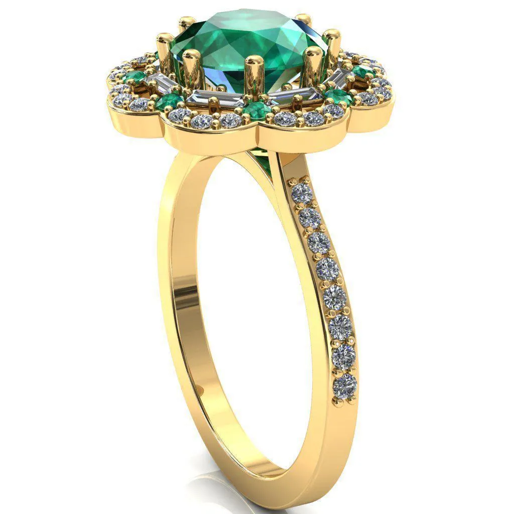 Camelia Round Emerald Accent Diamond and Emerald Halo Ring