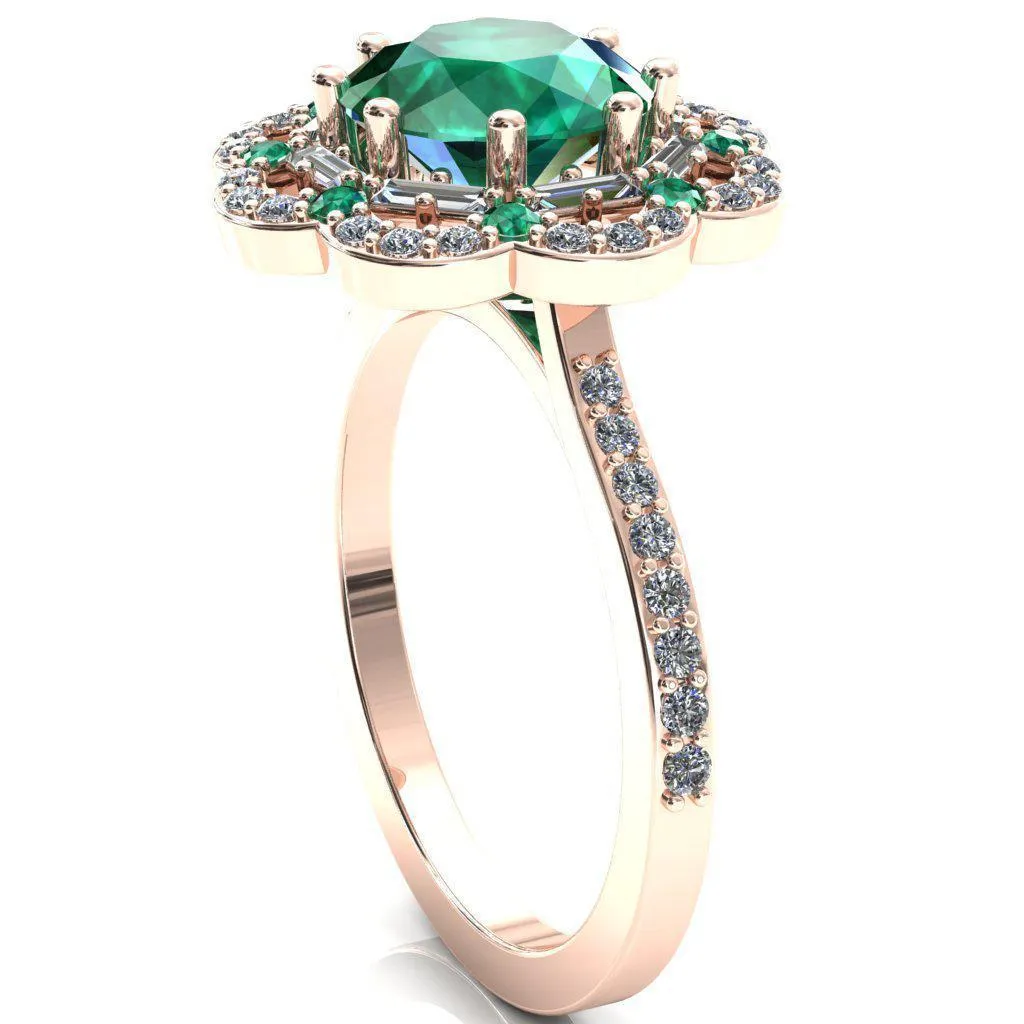Camelia Round Emerald Accent Diamond and Emerald Halo Ring