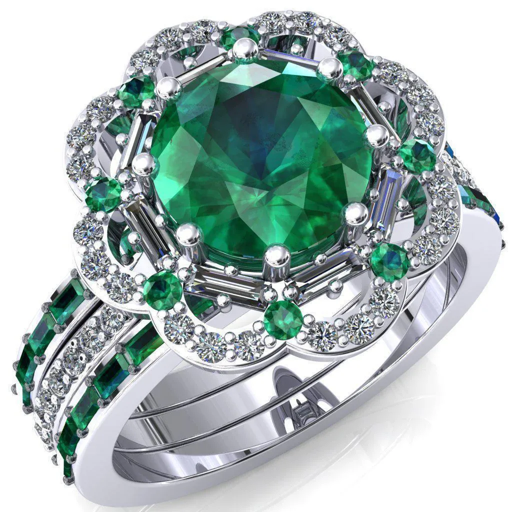 Camelia Round Emerald Accent Diamond and Emerald Halo Ring