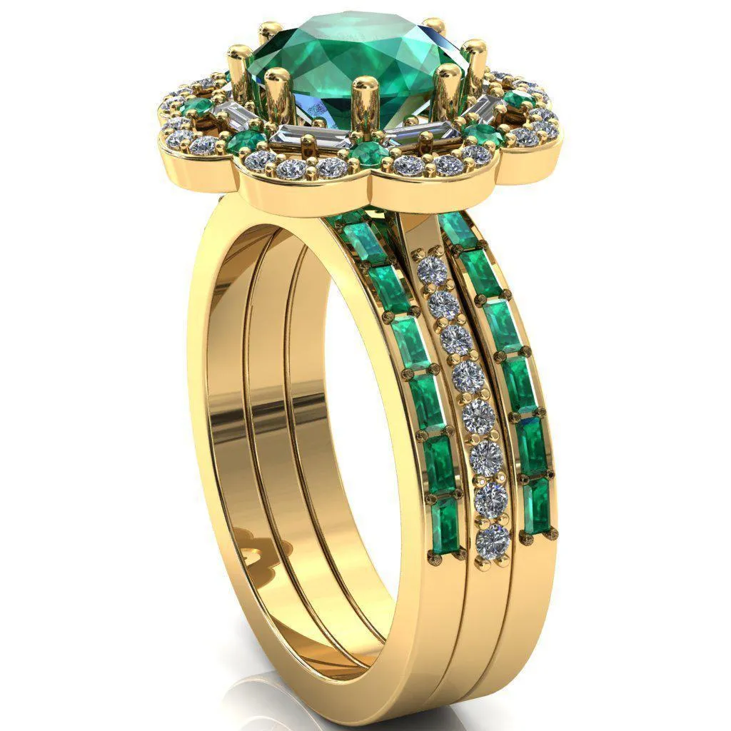 Camelia Round Emerald Accent Diamond and Emerald Halo Ring
