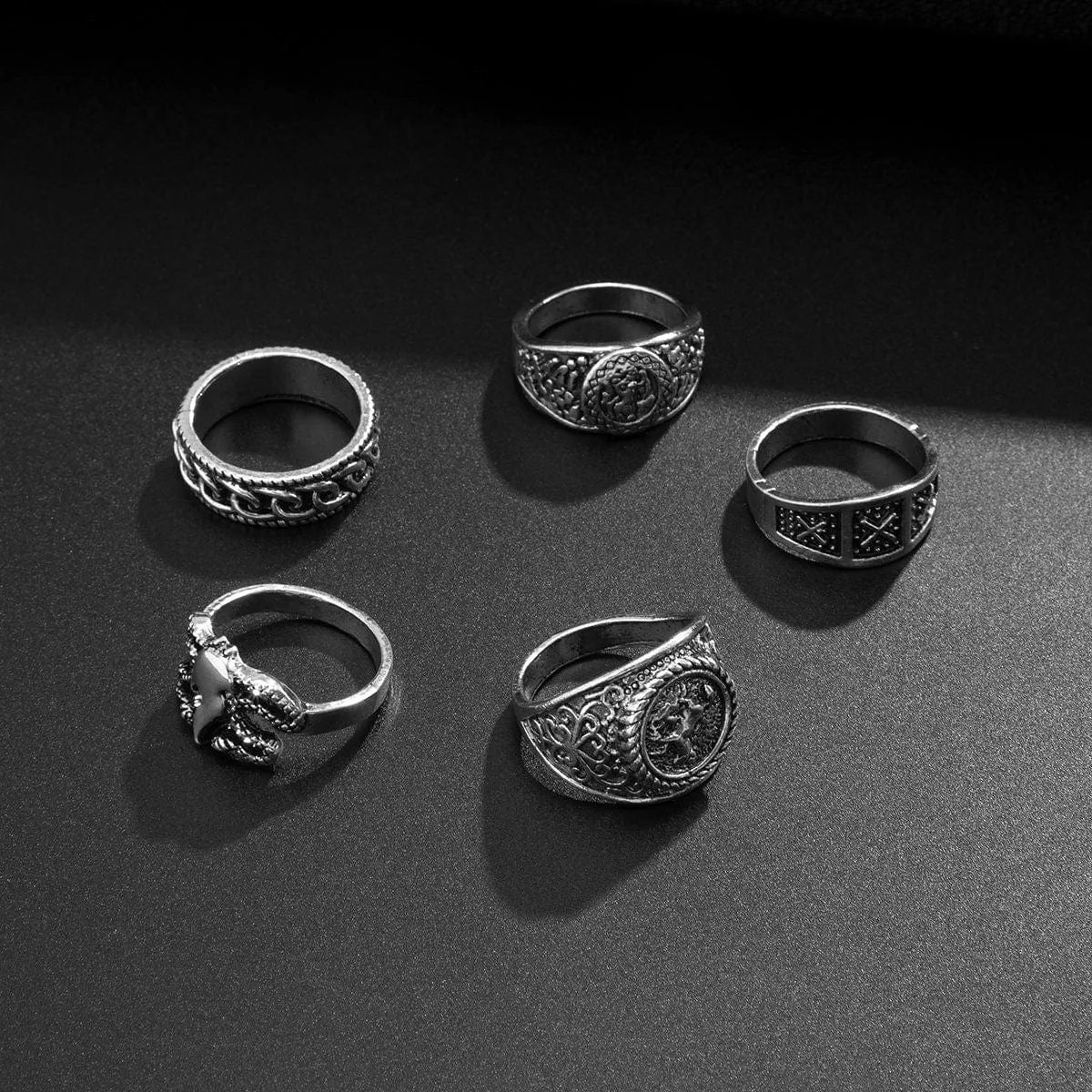 Chic 5 Pieces Antique Silver Tone Embossed Pattern Ring Set