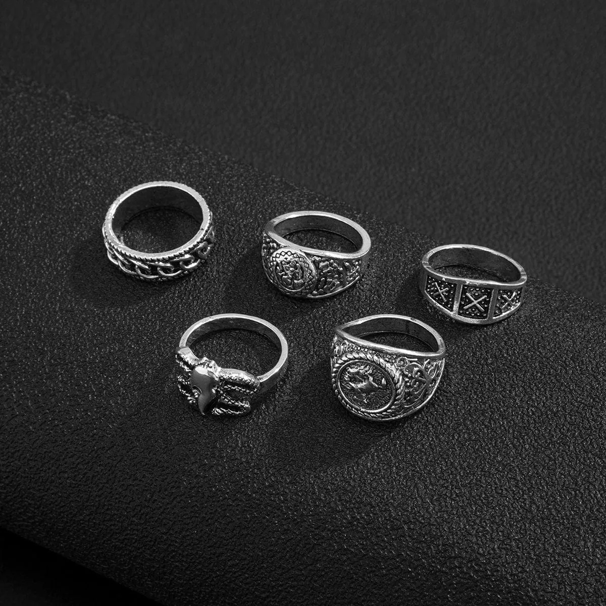 Chic 5 Pieces Antique Silver Tone Embossed Pattern Ring Set