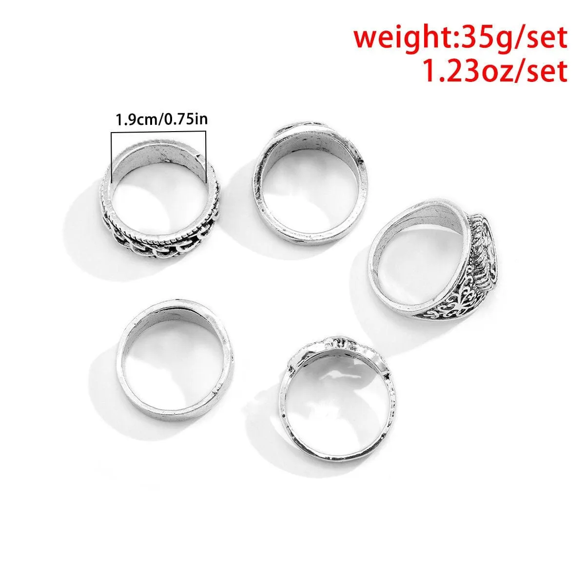 Chic 5 Pieces Antique Silver Tone Embossed Pattern Ring Set