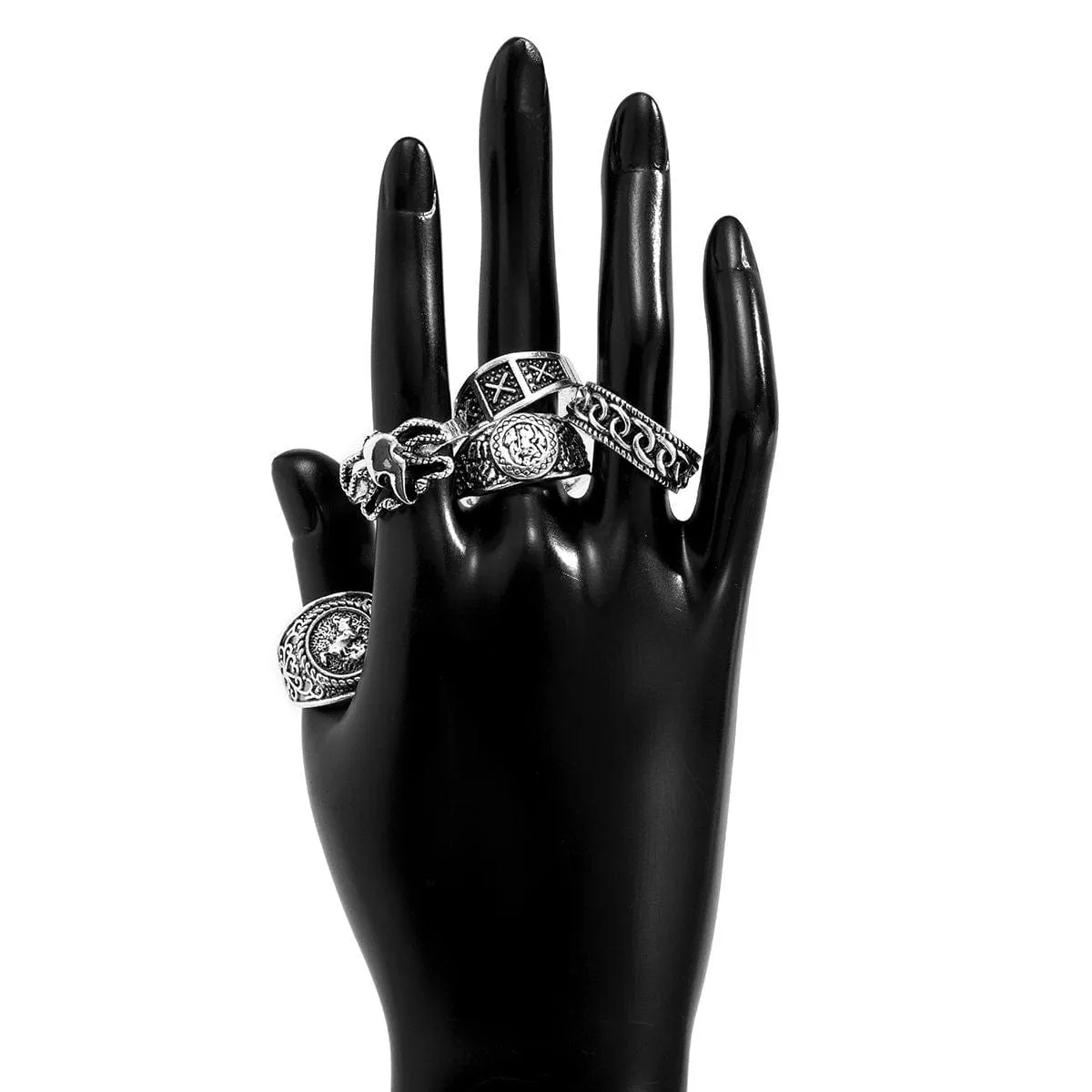 Chic 5 Pieces Antique Silver Tone Embossed Pattern Ring Set