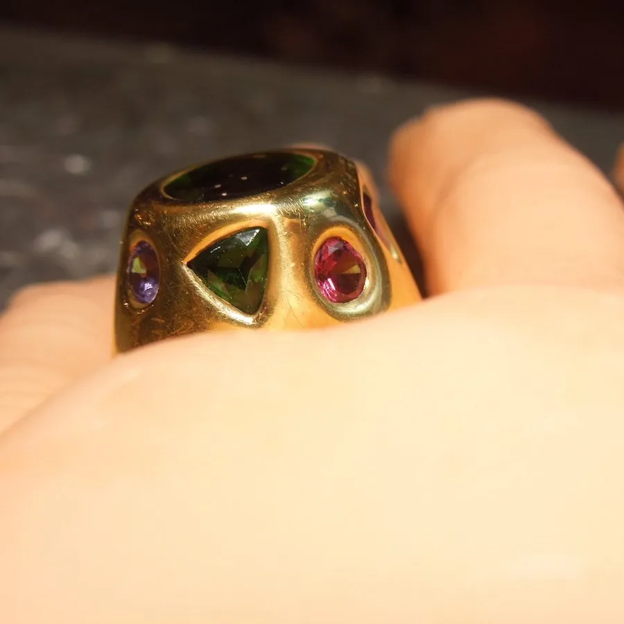 Chunky 18K Yellow Gold Ring with Tourmalines and Diamond