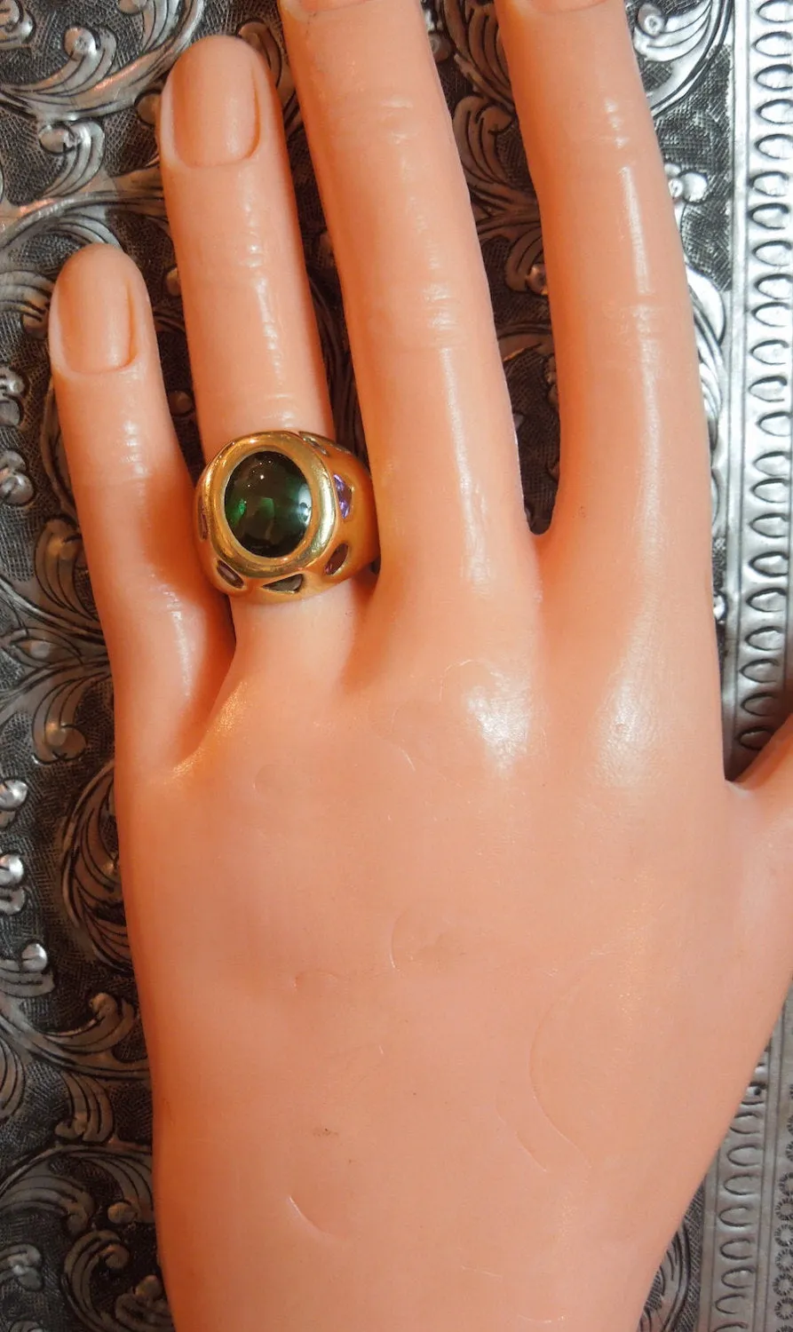 Chunky 18K Yellow Gold Ring with Tourmalines and Diamond