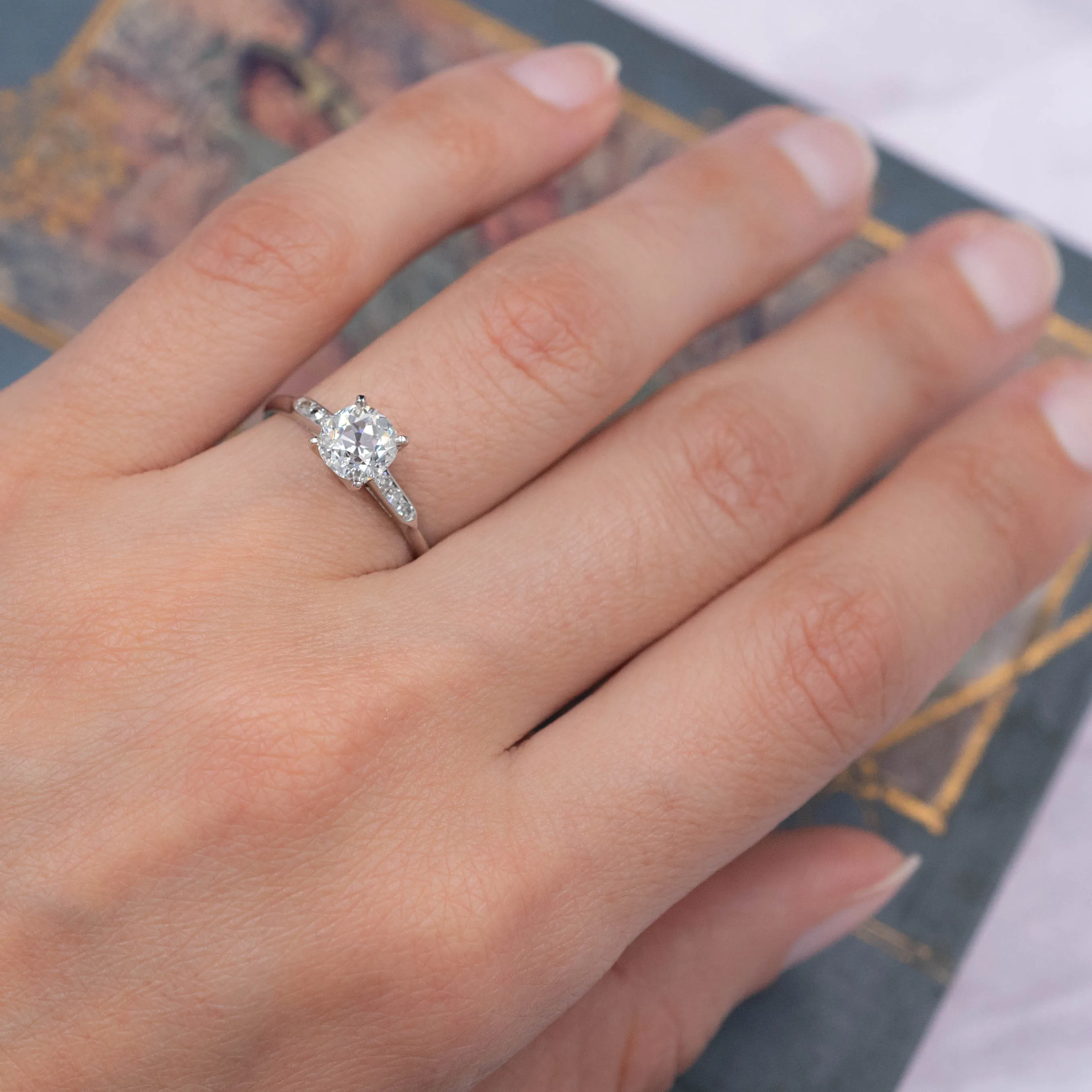 Classic 1.27 Carat Antique Cut Diamond Ring c1950