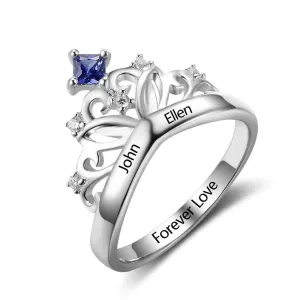 Crown Design Birthstone Ring 925 Sterling Silver, Engrave Name Anniversary Personalized Gift