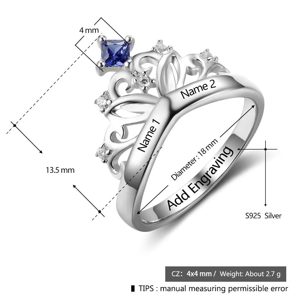 Crown Design Birthstone Ring 925 Sterling Silver, Engrave Name Anniversary Personalized Gift