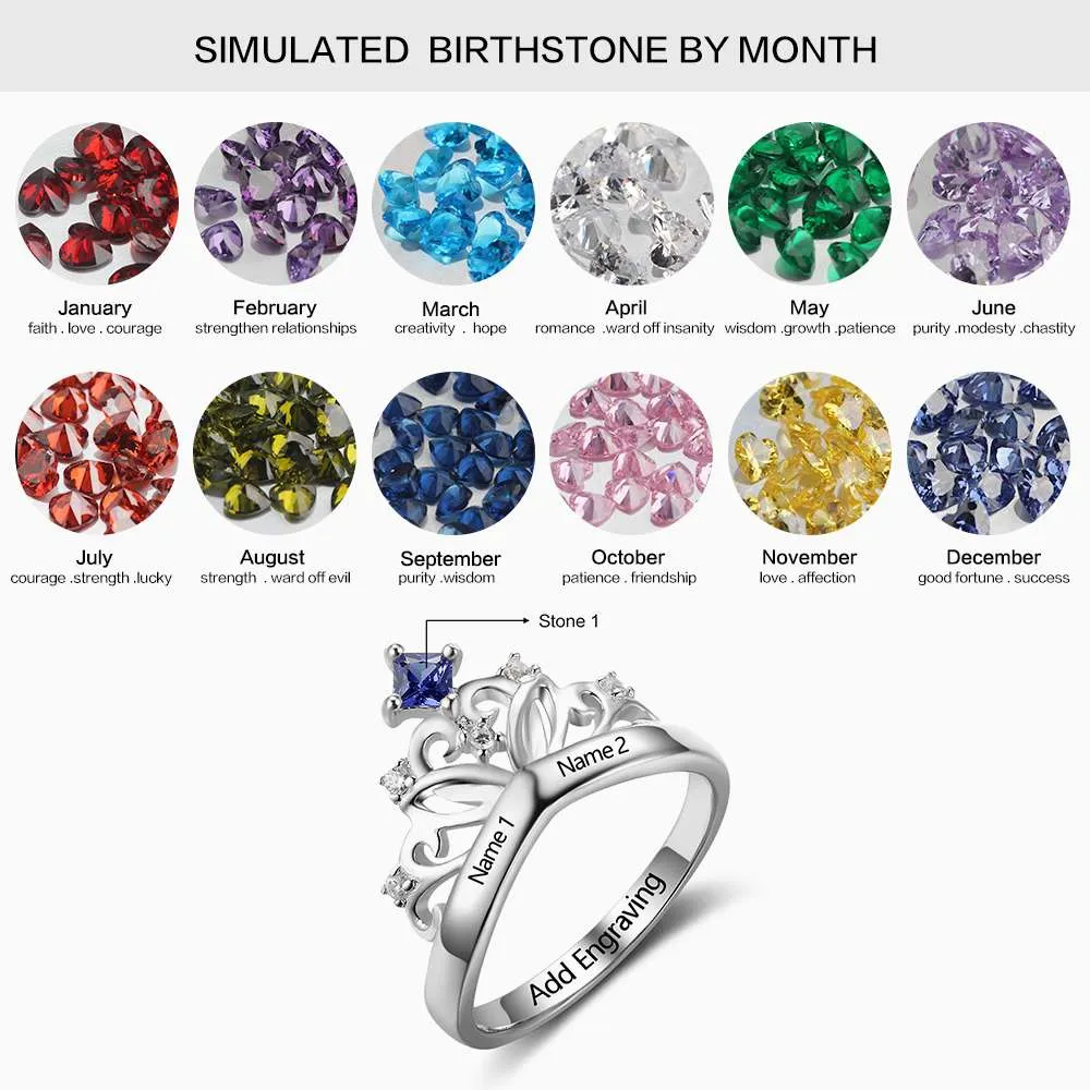 Crown Design Birthstone Ring 925 Sterling Silver, Engrave Name Anniversary Personalized Gift
