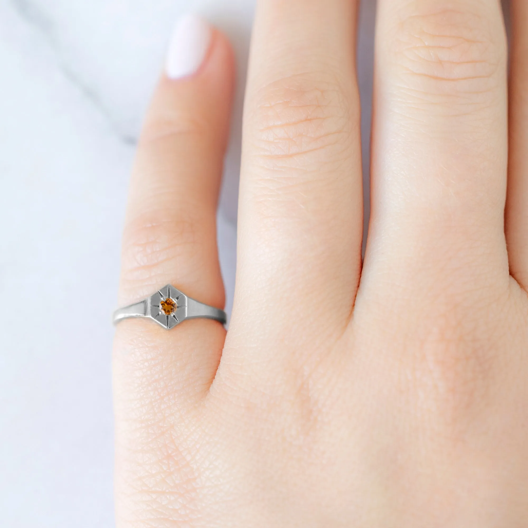 Custom Citrine Birthstone Signet Ring | 10K White Gold