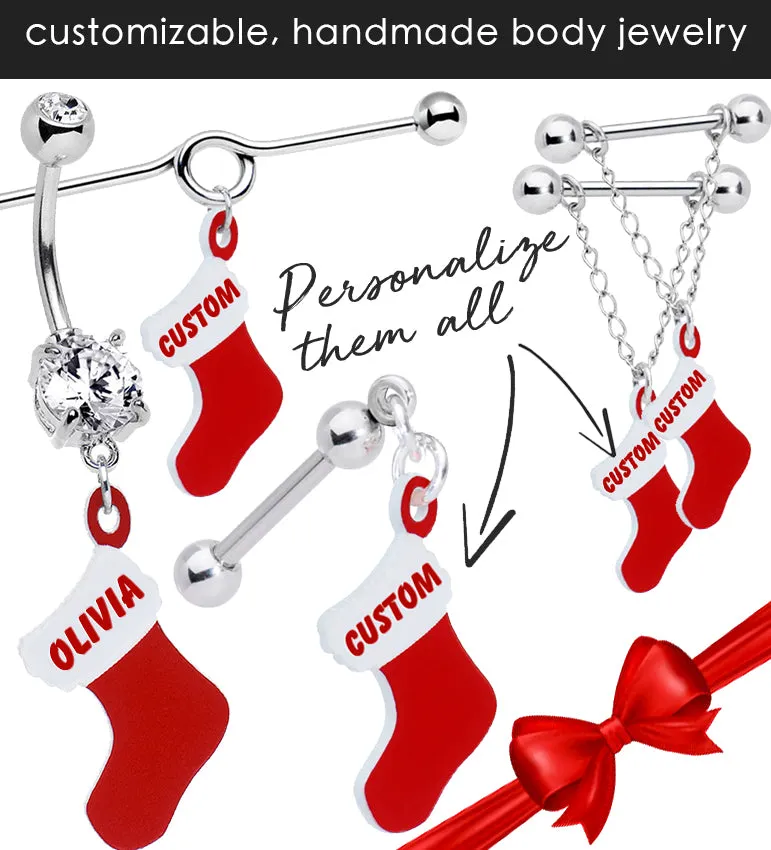 Custom Red White Christmas Stocking Personalized Dangle Belly Ring