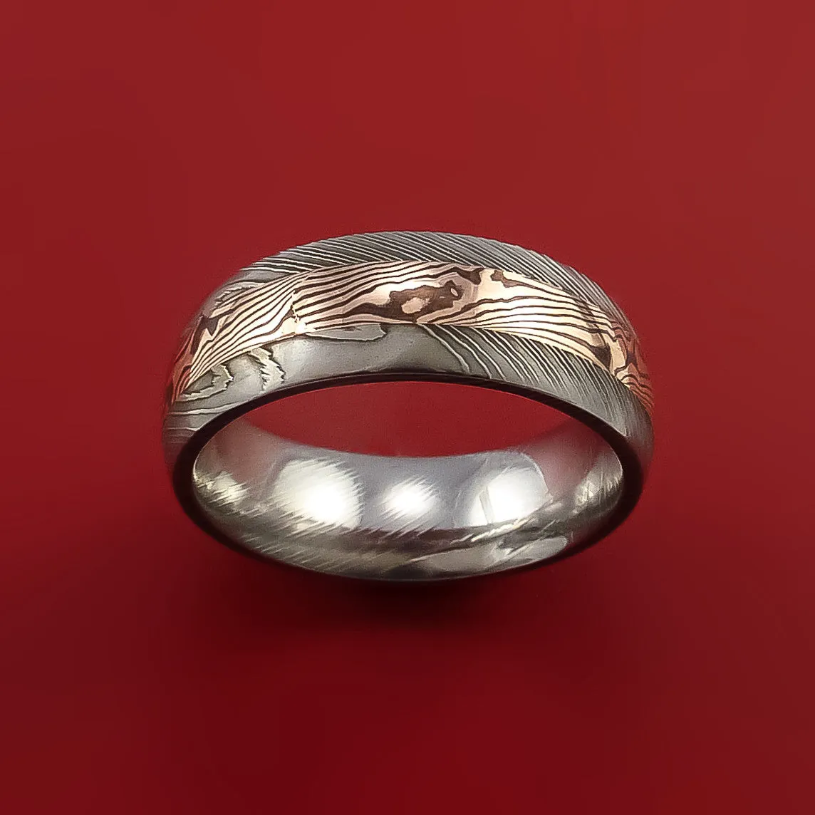 Damascus Steel Ring with 14k Rose Gold Mokume Shakudo Inlay Custom Made Band