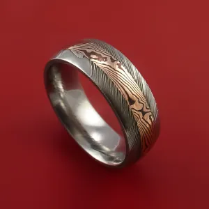 Damascus Steel Ring with 14k Rose Gold Mokume Shakudo Inlay Custom Made Band