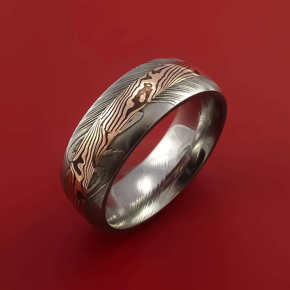Damascus Steel Ring with 14k Rose Gold Mokume Shakudo Inlay Custom Made Band