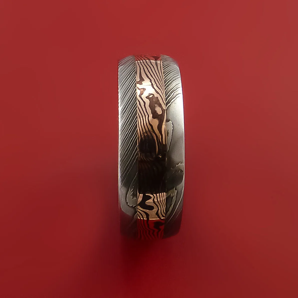 Damascus Steel Ring with 14k Rose Gold Mokume Shakudo Inlay Custom Made Band