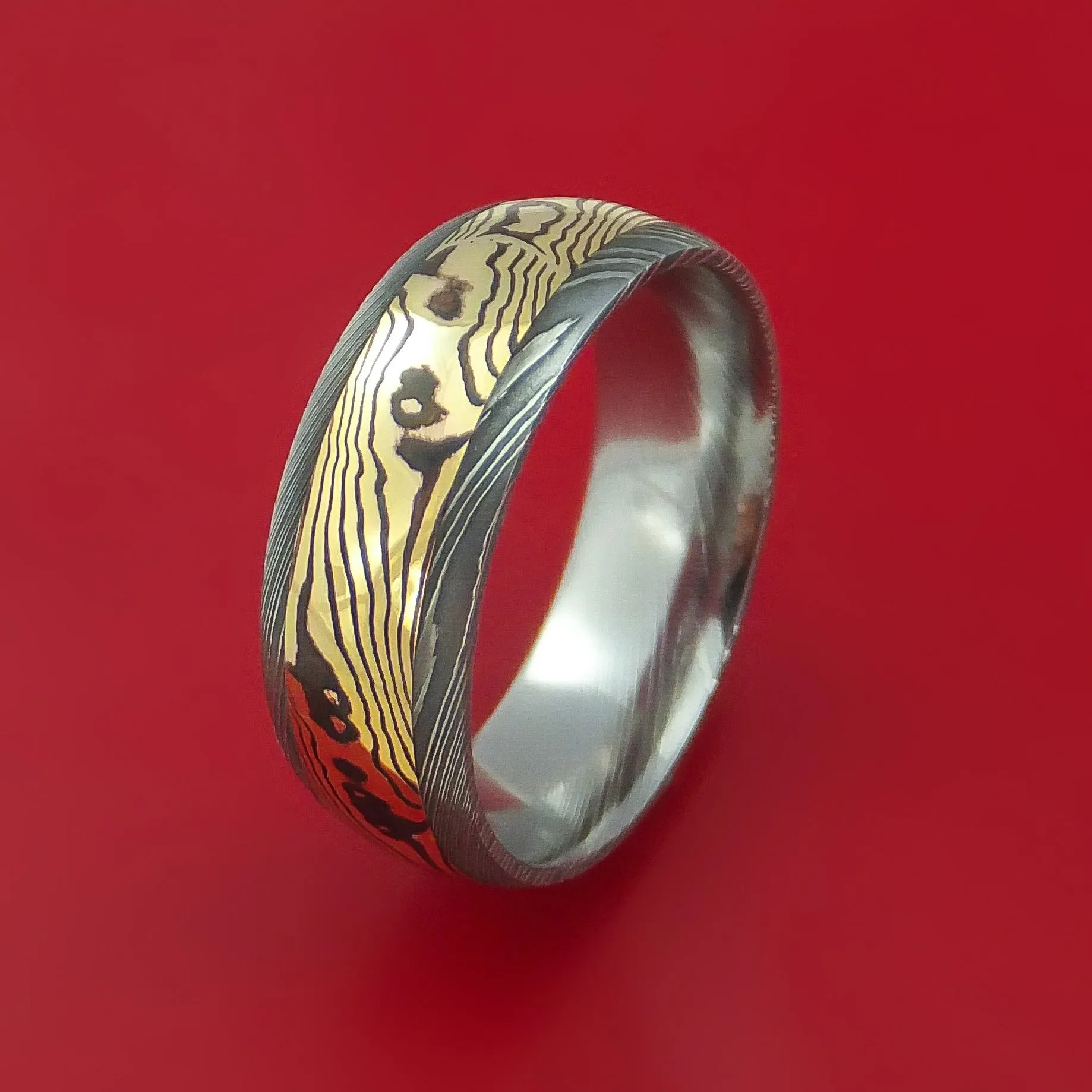 Damascus Steel Ring with 18K Yellow Gold Shakudo Mokume Custom Made Band