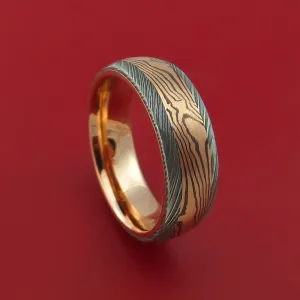 Damascus Steel Ring with Rose Gold Mokume Shakudo and Rose Gold Sleeve Custom Made Band