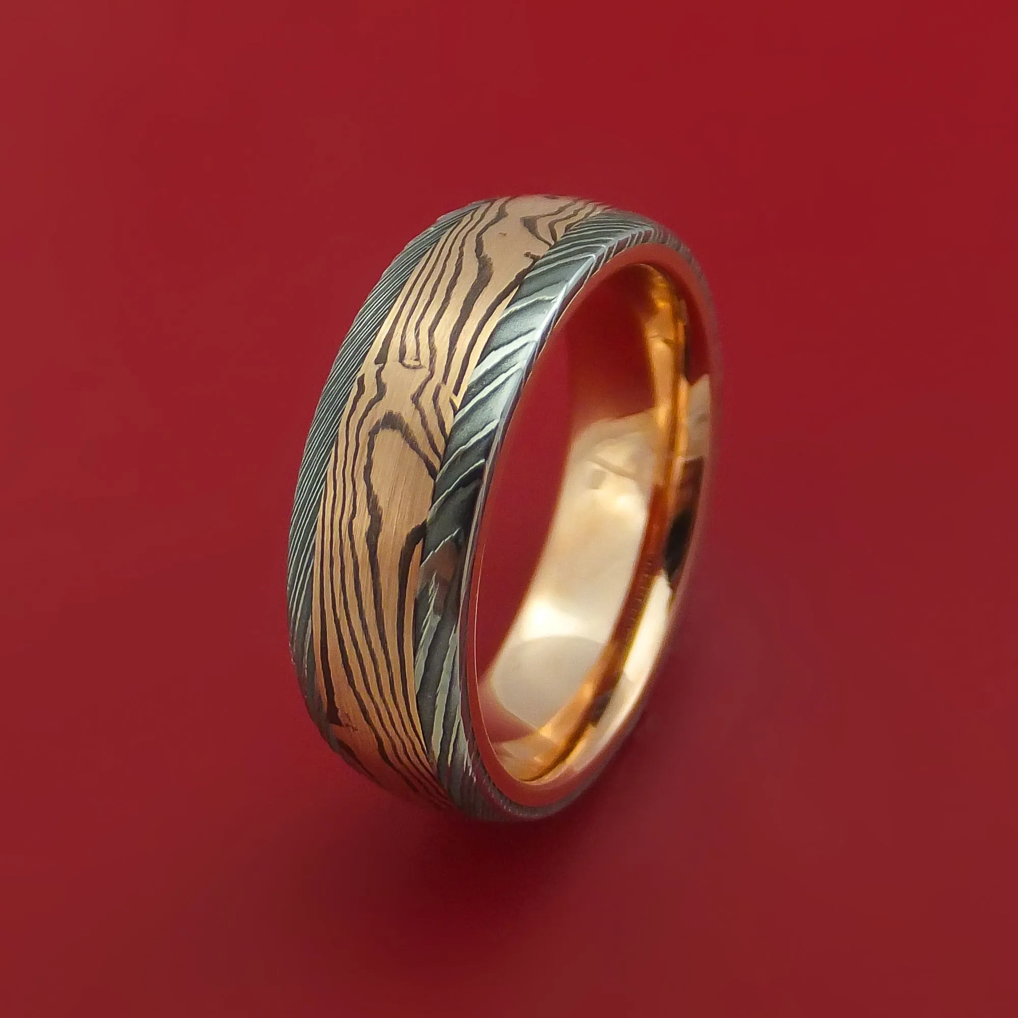 Damascus Steel Ring with Rose Gold Mokume Shakudo and Rose Gold Sleeve Custom Made Band