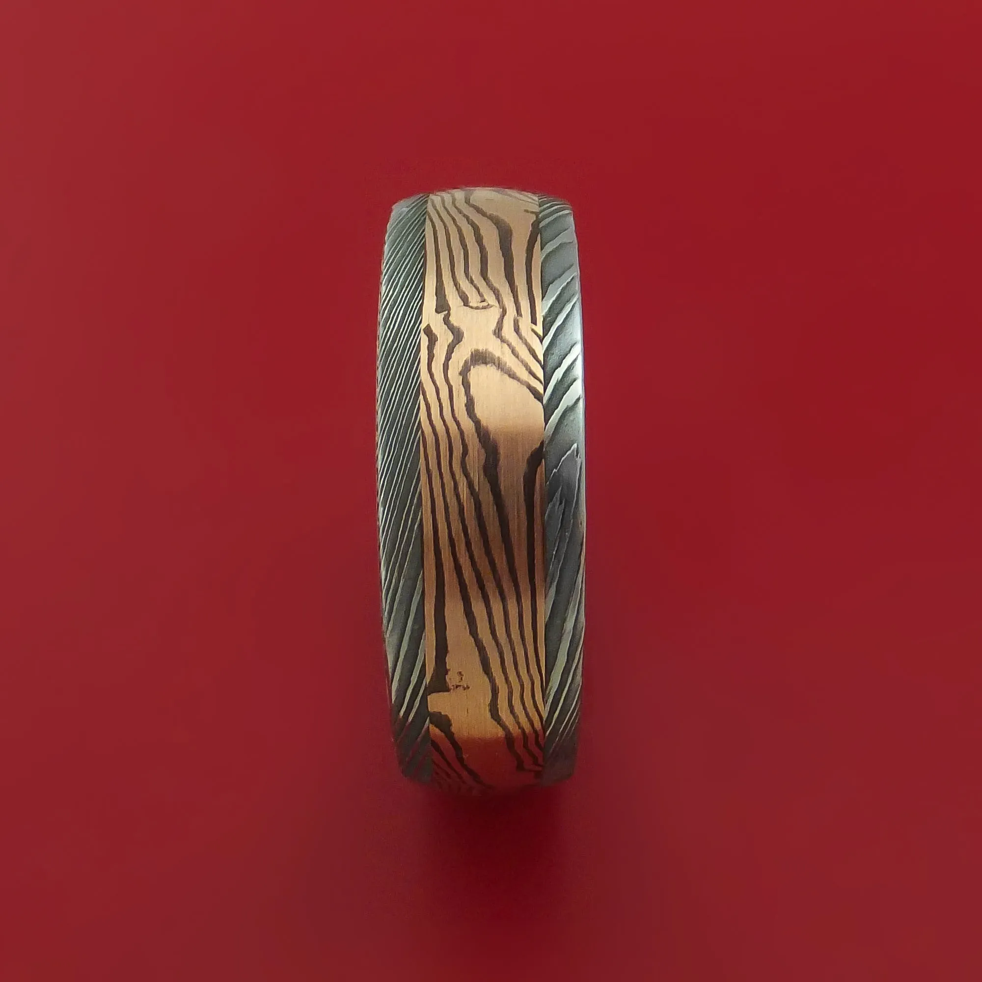 Damascus Steel Ring with Rose Gold Mokume Shakudo and Rose Gold Sleeve Custom Made Band