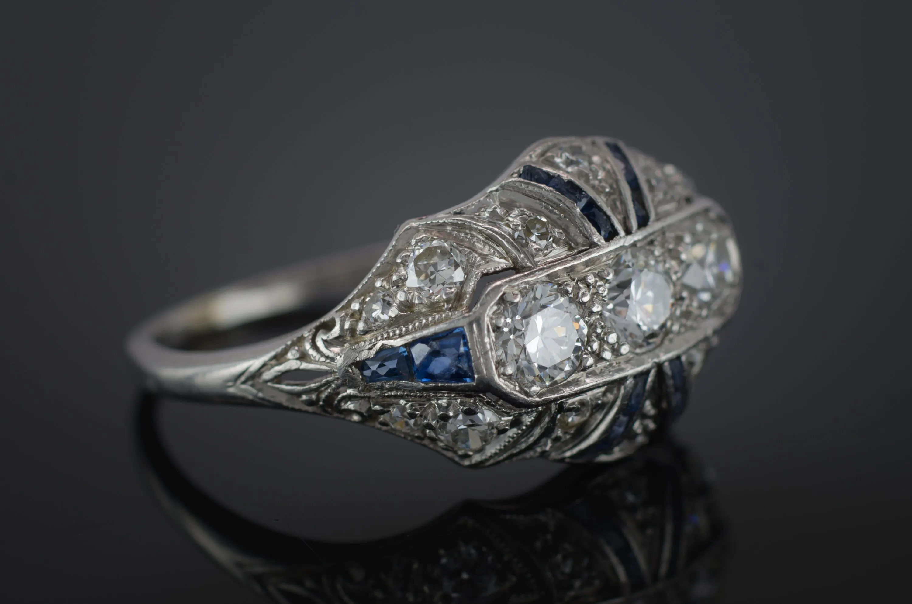 DECO OLD EUROPEAN CUT DIAMOND AND SAPPHIRE RING