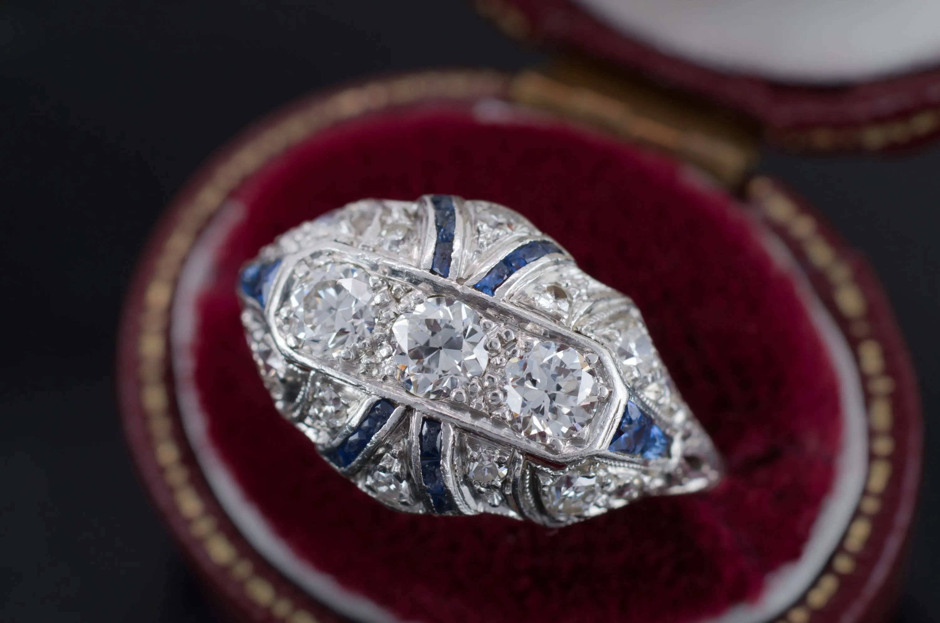 DECO OLD EUROPEAN CUT DIAMOND AND SAPPHIRE RING