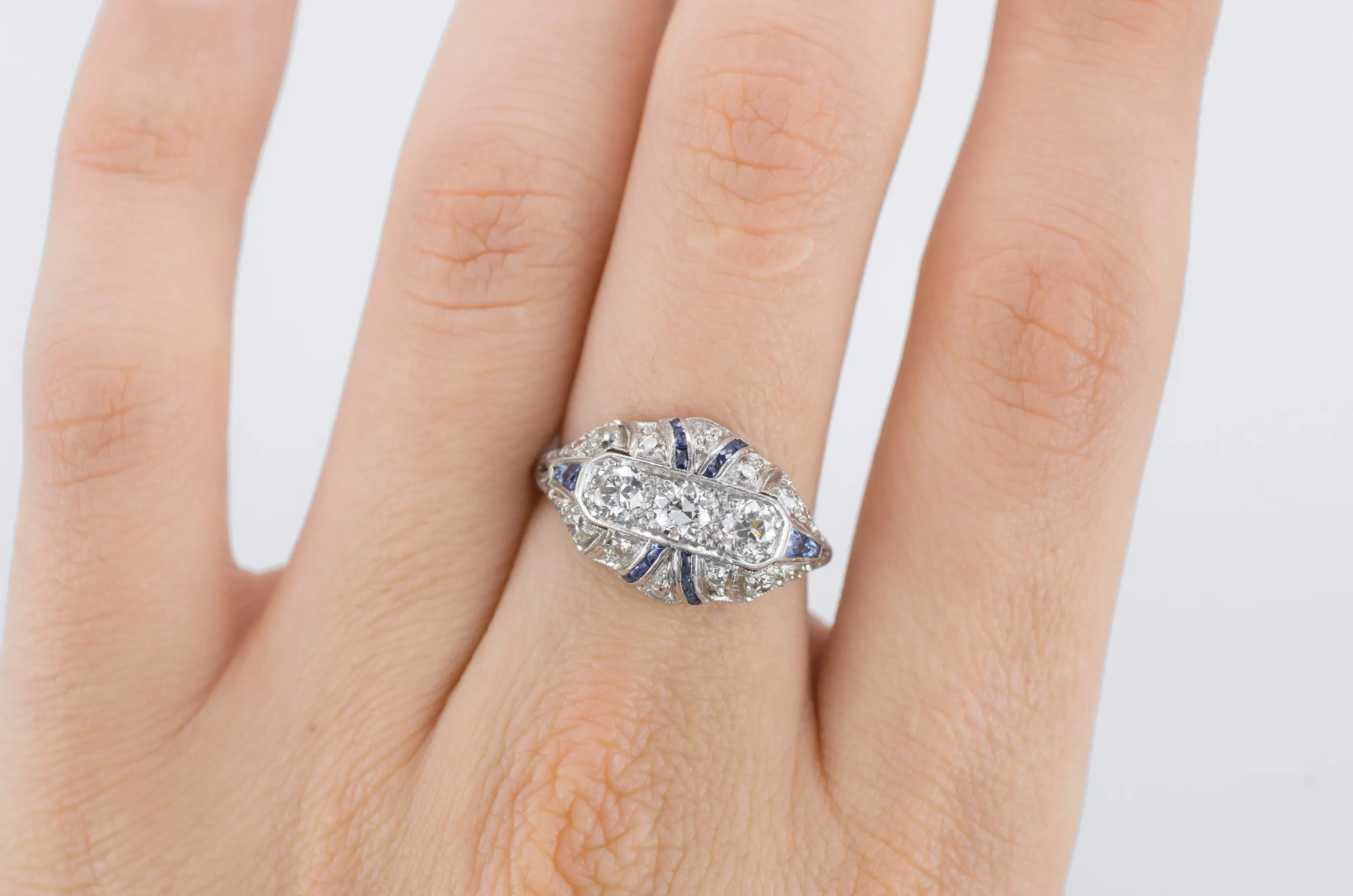 DECO OLD EUROPEAN CUT DIAMOND AND SAPPHIRE RING