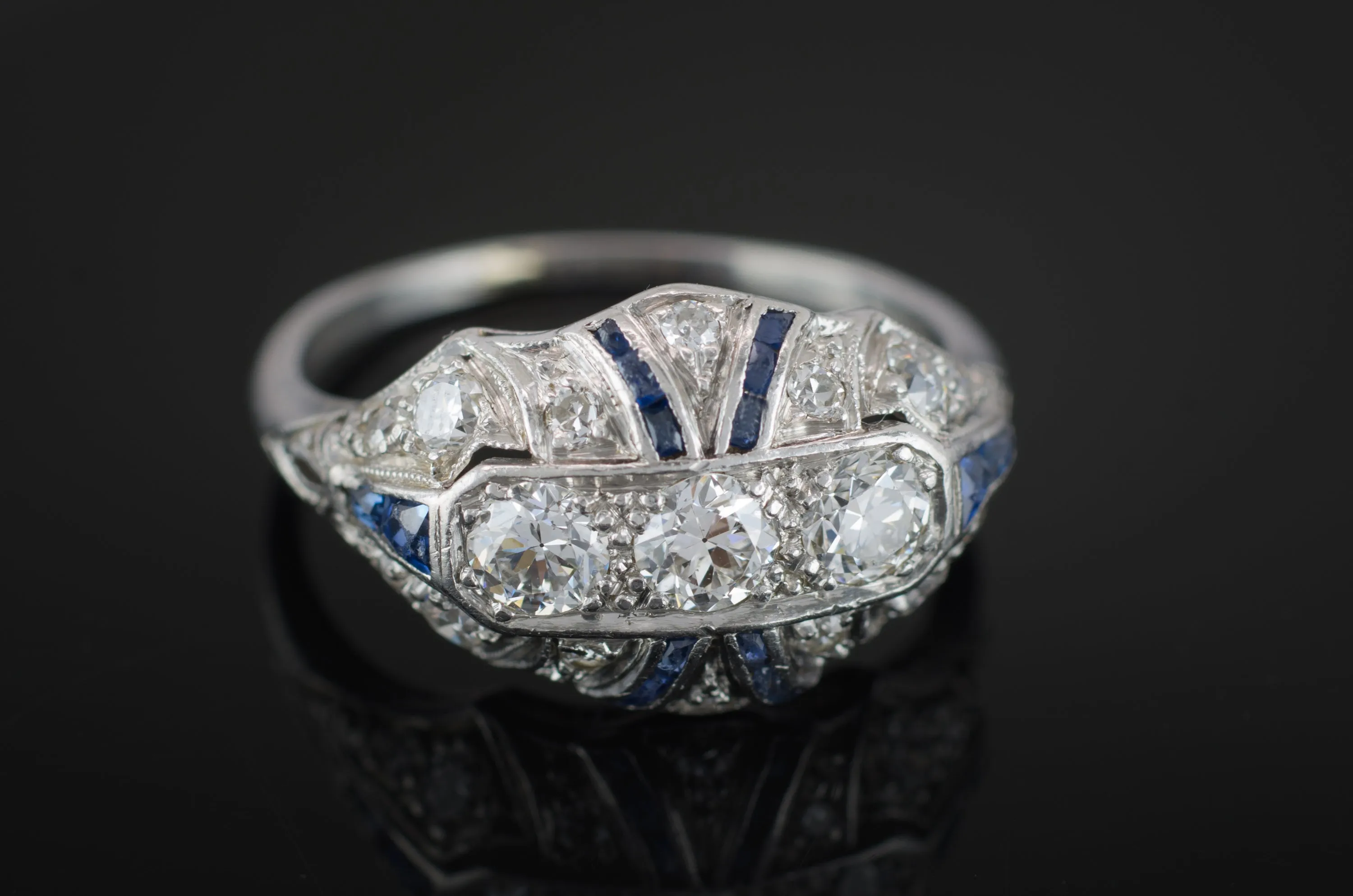 DECO OLD EUROPEAN CUT DIAMOND AND SAPPHIRE RING