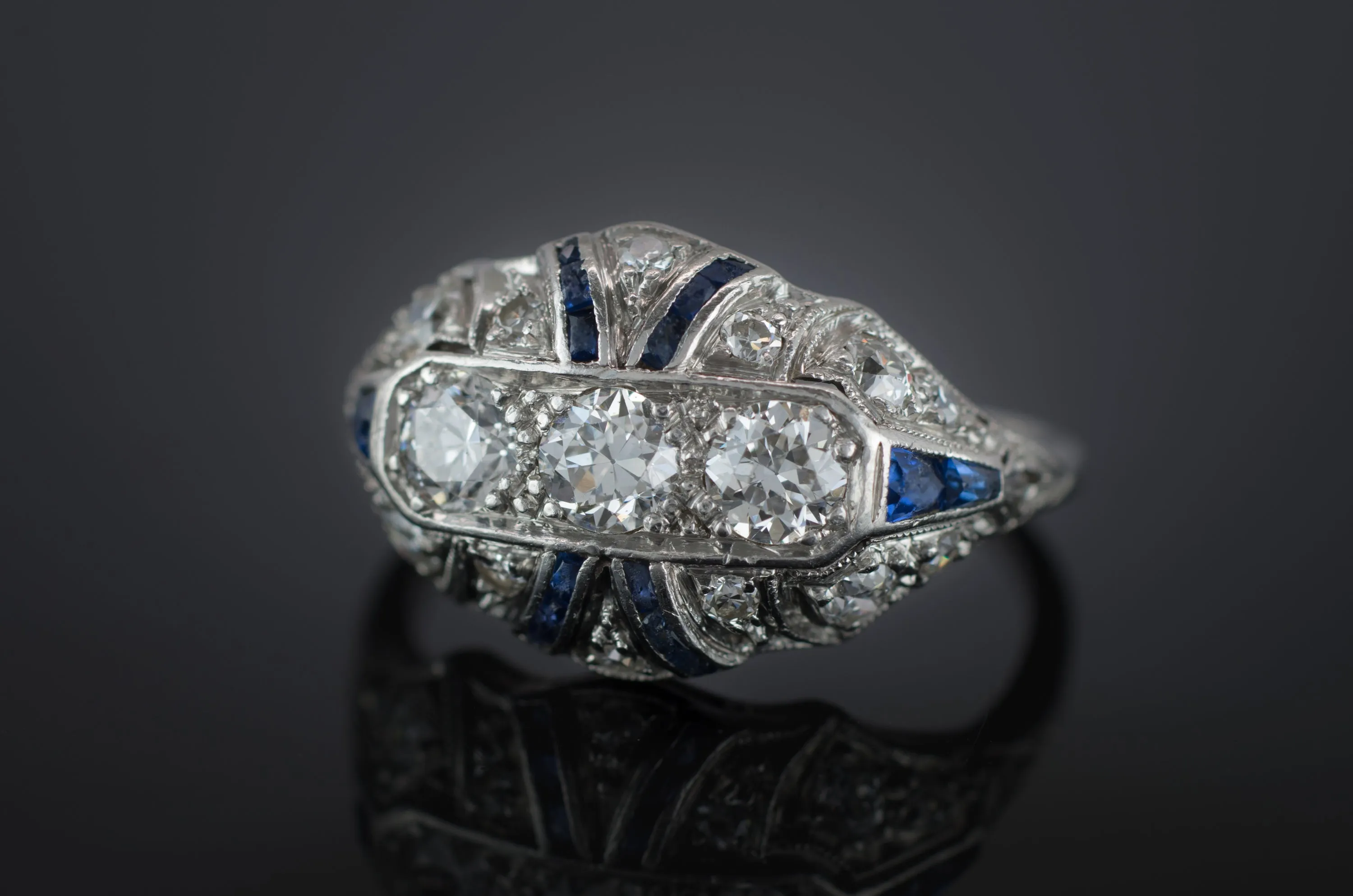 DECO OLD EUROPEAN CUT DIAMOND AND SAPPHIRE RING