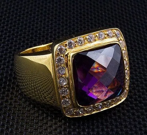 Diamond Cross Amethyst Yellow Gold Men's Bishop Ring