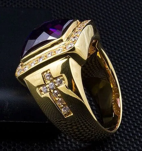 Diamond Cross Amethyst Yellow Gold Men's Bishop Ring