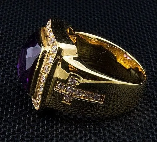 Diamond Cross Amethyst Yellow Gold Men's Bishop Ring