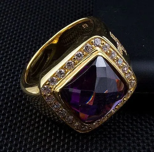 Diamond Cross Amethyst Yellow Gold Men's Bishop Ring