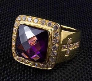 Diamond Cross Amethyst Yellow Gold Men's Bishop Ring