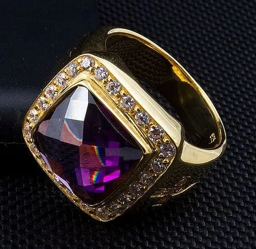Diamond Cross Amethyst Yellow Gold Men's Bishop Ring