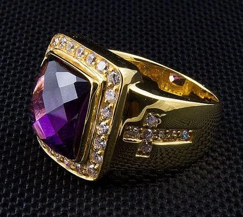 Diamond Cross Amethyst Yellow Gold Men's Bishop Ring