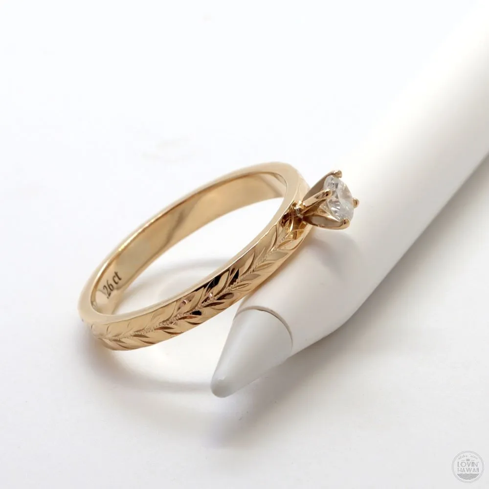 Diamond Engagement Ring Yellow Gold, Hand Engraved With Hawaiian Maile Design  (3mm width)