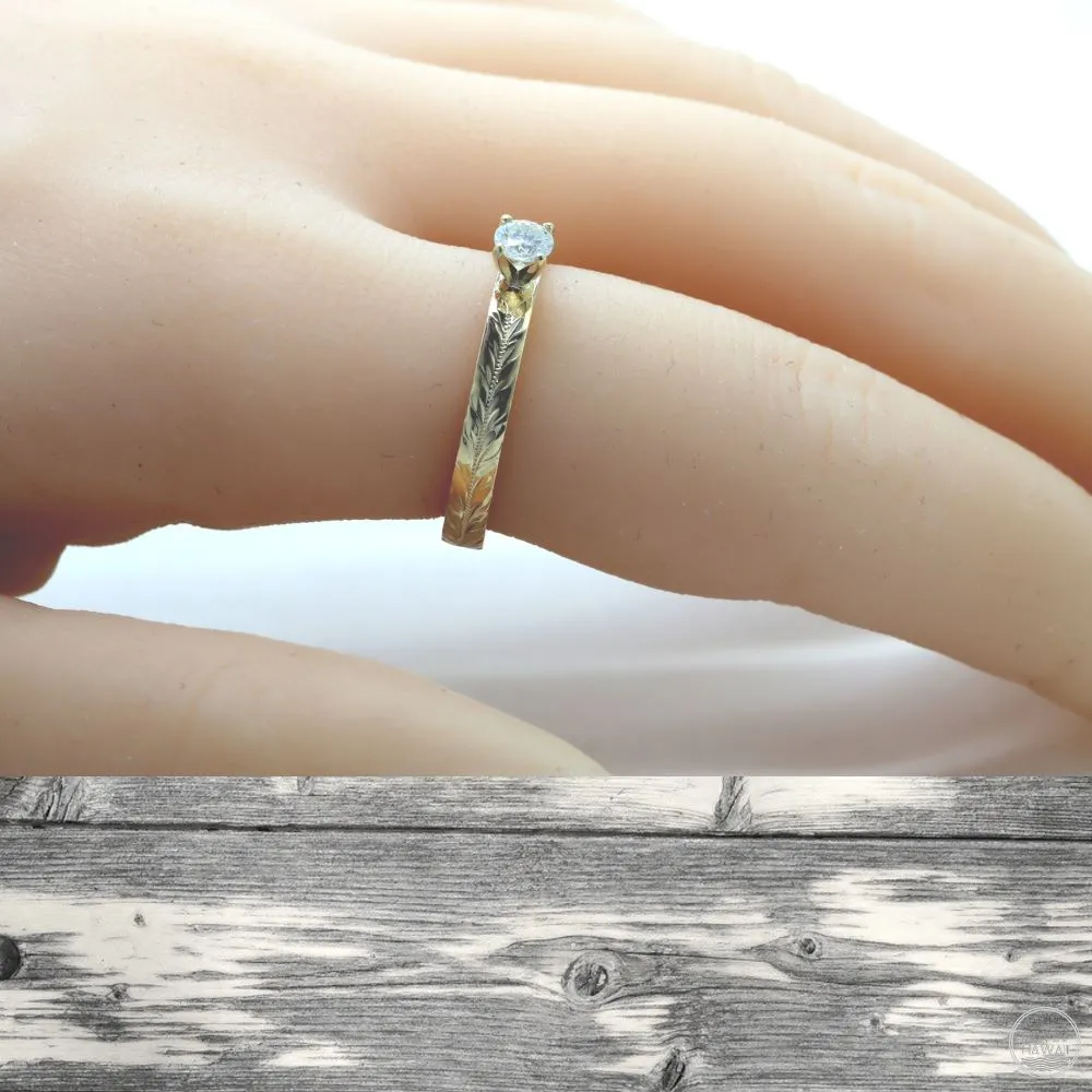 Diamond Engagement Ring Yellow Gold, Hand Engraved With Hawaiian Maile Design  (3mm width)