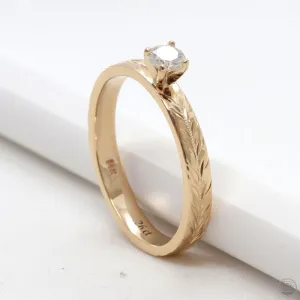 Diamond Engagement Ring Yellow Gold, Hand Engraved With Hawaiian Maile Design  (3mm width)