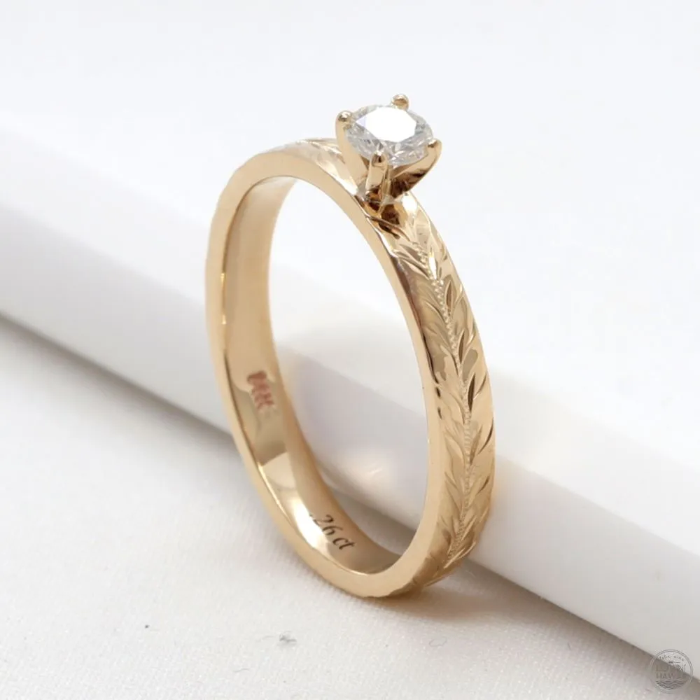 Diamond Engagement Ring Yellow Gold, Hand Engraved With Hawaiian Maile Design  (3mm width)
