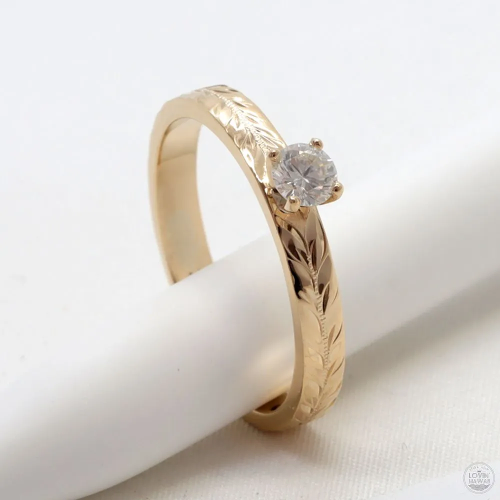 Diamond Engagement Ring Yellow Gold, Hand Engraved With Hawaiian Maile Design  (3mm width)
