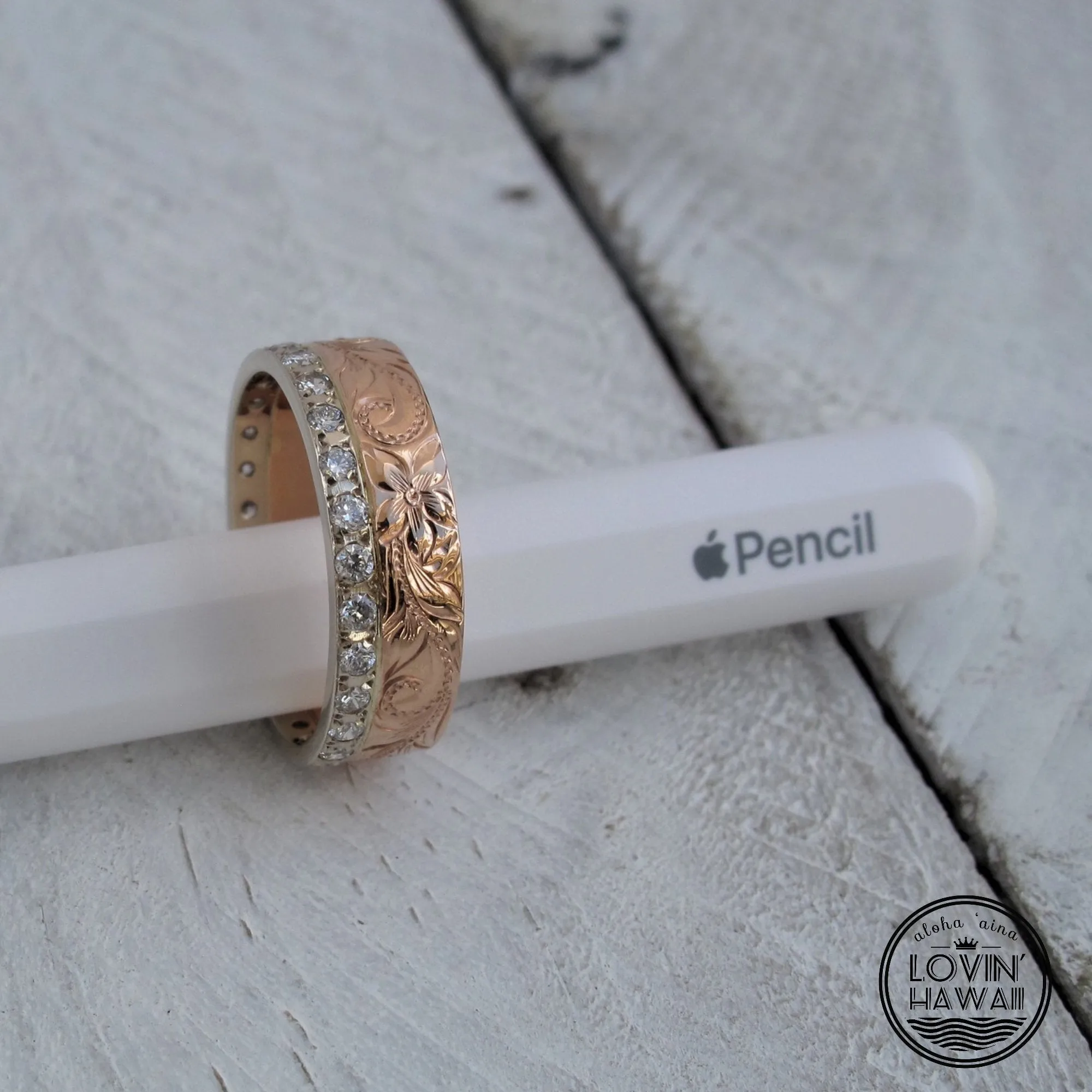 Diamond Eternity Engagement Ring, Hand Engraved Design (6mm Width)