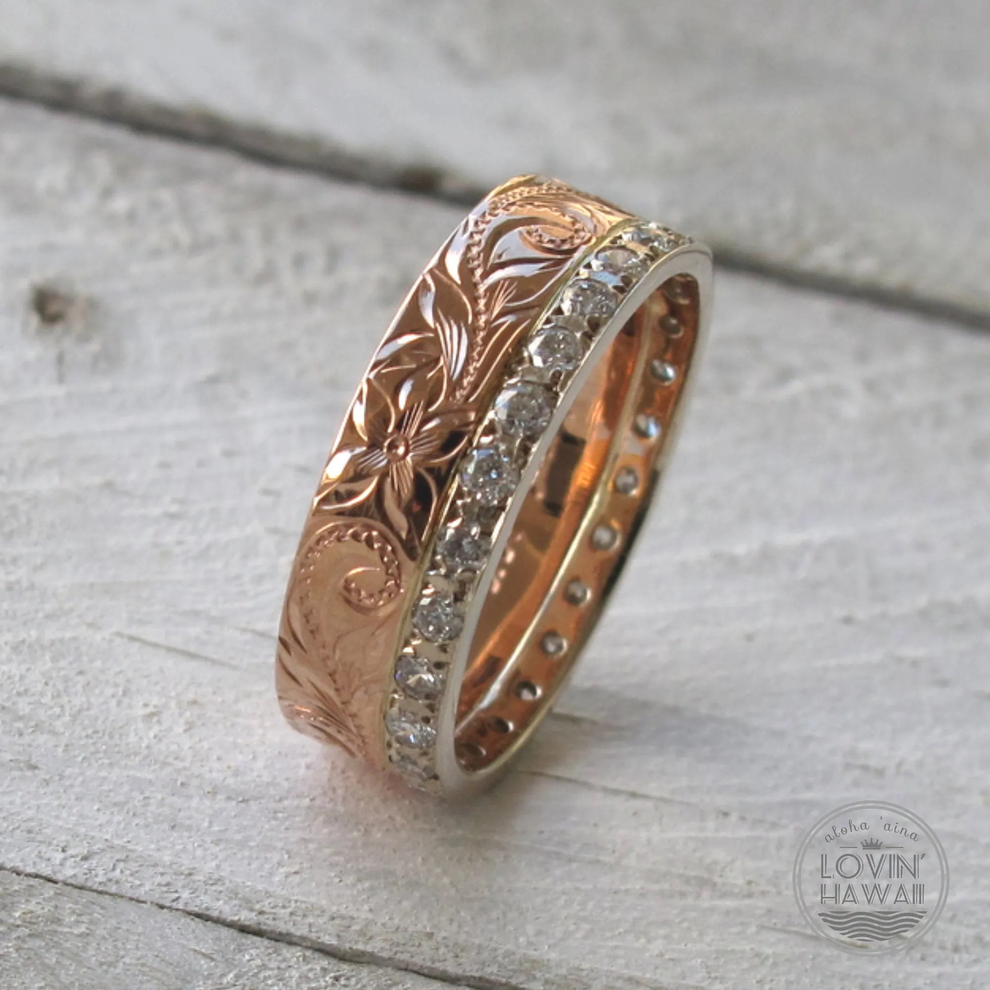 Diamond Eternity Engagement Ring, Hand Engraved Design (6mm Width)
